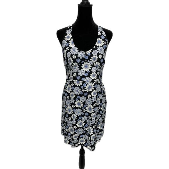Hollister Women's Floral Halter Dress Size L‎ Black & Blue Short Smocked - Picture 1 of 6
